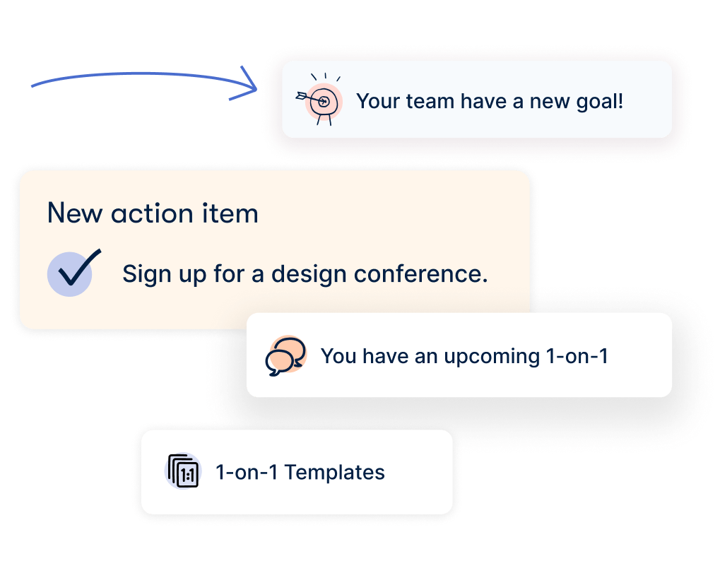 Image showing different tools inside Officevibe: new Team goal, upcoming 1-on-1, a new Action item to "Sign up for a design conference" & 1-on-1 Templates
